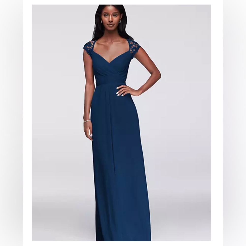 David's Bridal Long mesh dress with lace cap sleeves